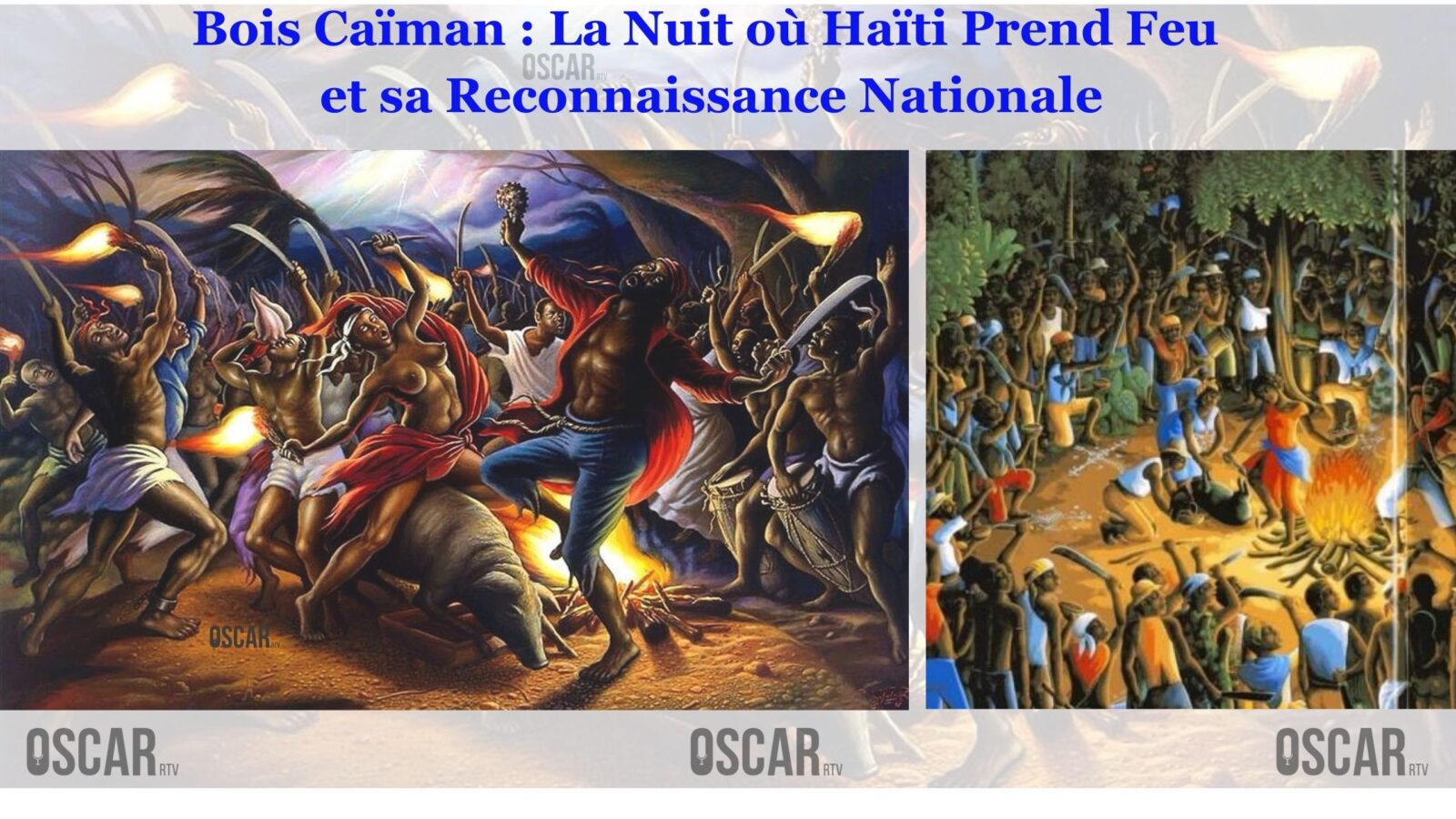 Illustration artistique de la cérémonie du Bois Caïman, nuit historique du 14 août 1791, marquant le début de la Révolution haïtienne.